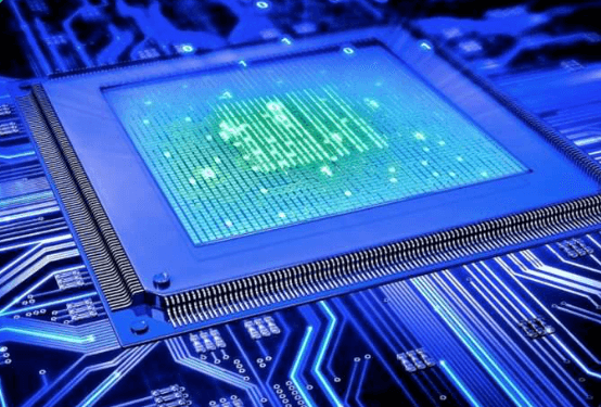 Close-up of a microchip and electronic circuit board